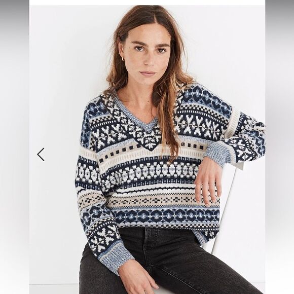 Madewell- Women’s Wool Blend Forrest Fair Isle V-Neck Sweater, Size Small - Picture 1 of 13